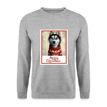 Junger Husky im Weihnachtspullover mit Rentieren. - Unisex Pullover - Weißgrau meliert - Vorne - Alina (178cm) & Michal (187cm)