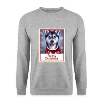 A young husky with blue eyes in a Christmas sweate - Unisex Sweatshirt - salt & pepper - Front - Alina (178cm) & Michal (187cm)