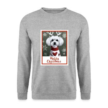 Süßer Malteserhund im roten Weihnachtspullover. - Unisex Pullover - Weißgrau meliert - Vorne - Alina (178cm) & Michal (187cm)