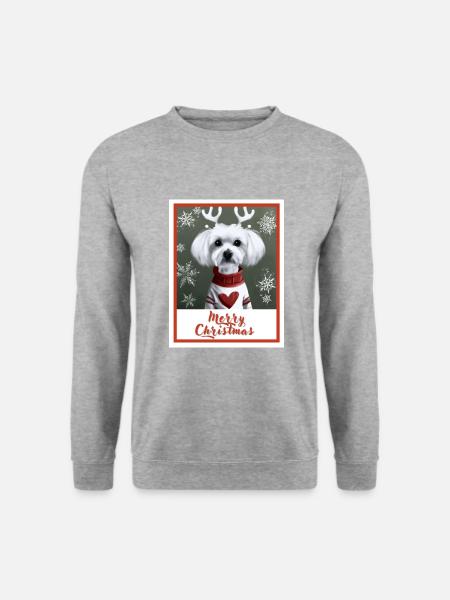 Süßer Malteserhund im roten Weihnachtspullover. - Unisex Pullover - Weißgrau meliert