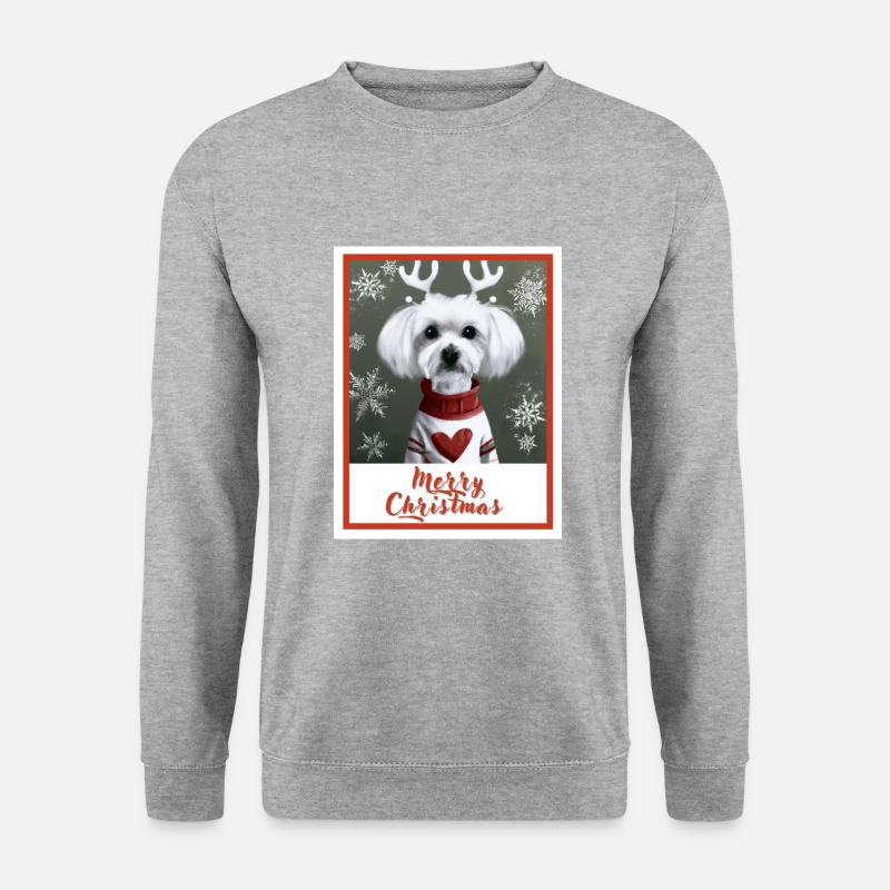 Süßer Malteserhund im roten Weihnachtspullover. - Unisex Pullover - Weißgrau meliert