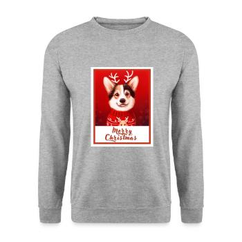 Süßer Hund (Pembroke Corgi) in einer roten Weihnacht. - Unisex Pullover - Weißgrau meliert - Vorne - Alina (178cm) & Michal (187cm)
