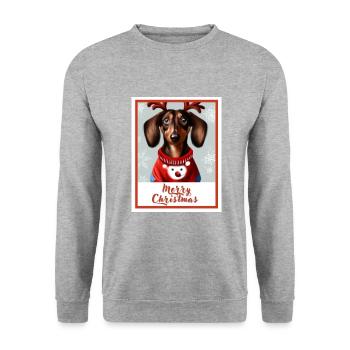 Portrait d’un teckel dans un pull de Noël rouge - Sweat-shirt Unisexe - gris chiné - Devant - Alina (178cm) & Michal (187cm)