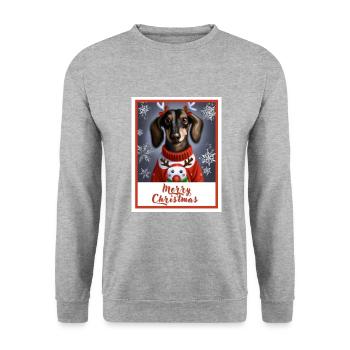 Teckel dans un pull de Noël rouge avec, bonhomme de neige - Sweat-shirt Unisexe - gris chiné - Devant - Alina (178cm) & Michal (187cm)