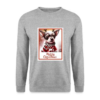 Hund (Chihuahua) im Weihnachtspullover mit Reinde - Unisex Pullover - Weißgrau meliert - Vorne - Alina (178cm) & Michal (187cm)