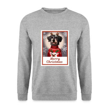 Schwarzer Zwergschnauzer im Weihnachtspullover. - Unisex Pullover - Weißgrau meliert - Vorne - Alina (178cm) & Michal (187cm)
