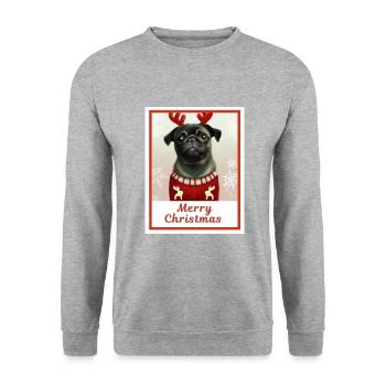 Portrait, Sweet happy pooch (Mops) dans un Noël. - Sweat-shirt Unisexe - gris chiné - Devant - Alina (178cm) & Michal (187cm)