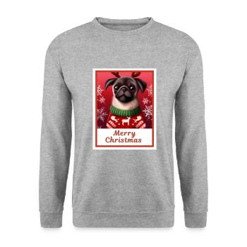 Porträt eines niedlichen Mops in festlicher Umgebung. - Unisex Pullover - Weißgrau meliert - Vorne - Alina (178cm) & Michal (187cm)