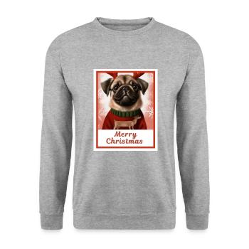 Portrait, Sweet happy doggy (Carlin) dans un Noël. - Sweat-shirt Unisexe - gris chiné - Devant - Alina (178cm) & Michal (187cm)
