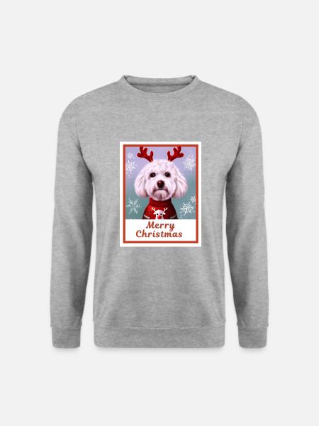 Süßer Hund (Bichon frise) in einem Weihnachtspullover. - Unisex Pullover - Weißgrau meliert