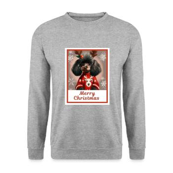 Niedlicher Hund (schwarzer Zwergpudel) in einem festlichen - Unisex Pullover - Weißgrau meliert - Vorne - Alina (178cm) & Michal (187cm)