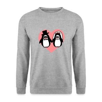 Pinguin Hochzeit - Unisex Pullover - Weißgrau meliert - Vorne - Alina (178cm) & Michal (187cm)