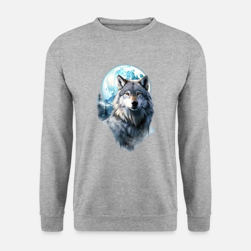 Wolf Mond Wald - Unisex Pullover - Weißgrau meliert