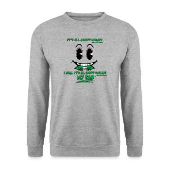 Gruselig lustig Alles über Geld lächelnder Gesichtswitz - Unisex Pullover - Weißgrau meliert - Vorne - Alina (178cm) & Michal (187cm)
