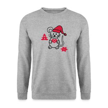 niedliche Maus mit Weihnachtsmütze - Unisex Pullover - Weißgrau meliert - Vorne - Alina (178cm) & Michal (187cm)