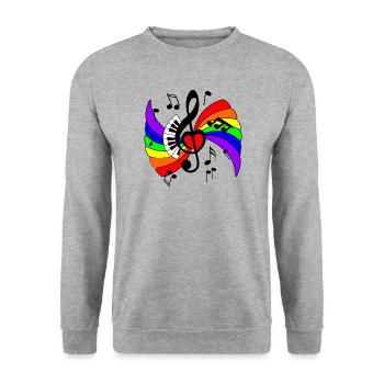 Klaviermusiktaste mit Regenbogen und Musikanmerkungen - Unisex Pullover - Weißgrau meliert - Vorne - Alina (178cm) & Michal (187cm)