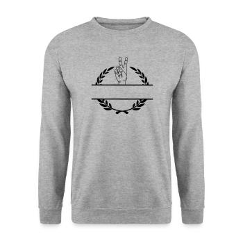 Friedenszeichenhand im Lorbeerkranzmonogramm - Unisex Pullover - Weißgrau meliert - Vorne - Alina (178cm) & Michal (187cm)