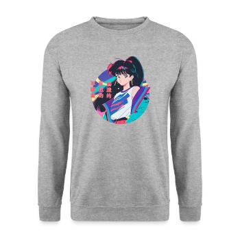 Anime Girl mit 80er Windbreaker, Anime Aesthetics - Unisex Pullover - Weißgrau meliert - Vorne - Alina (178cm) & Michal (187cm)