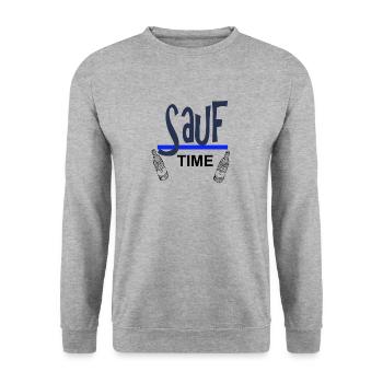 Sauf-Time-Logo mit Blauer Unterstreichung - Unisex Pullover - Weißgrau meliert - Vorne - Alina (178cm) & Michal (187cm)