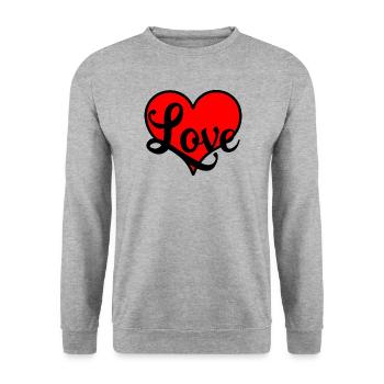 Rotes Herz mit dem Text "Love" - Unisex Pullover - Weißgrau meliert - Vorne - Alina (178cm) & Michal (187cm)