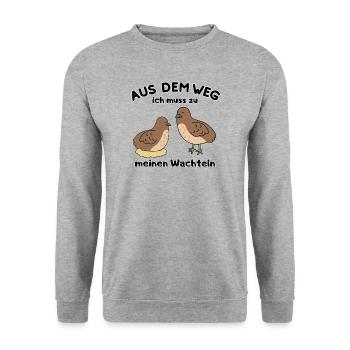 Aus dem Weg Wachteln - Lustiges Vogel Design - Unisex Pullover - Weißgrau meliert - Vorne - Alina (178cm) & Michal (187cm)