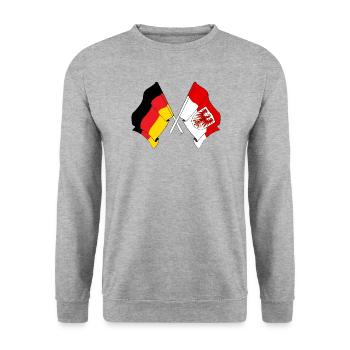 Flagge Deutschland, Brandenburg gekreuzt - Unisex Pullover - Weißgrau meliert - Vorne - Alina (178cm) & Michal (187cm)