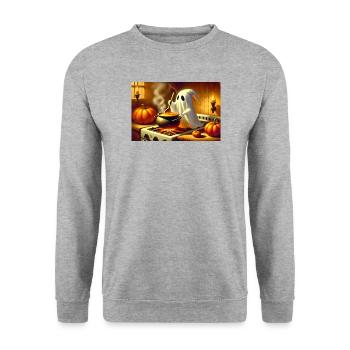 Geist steht am Herd und kocht Kürbissuppe - Unisex Pullover - Weißgrau meliert - Vorne - Alina (178cm) & Michal (187cm)