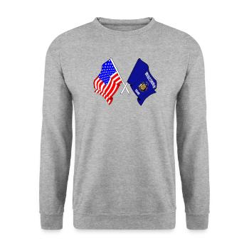 Flagge der USA und des Bundesstaates Wisconsin gekreuzt - Unisex Pullover - Weißgrau meliert - Vorne - Alina (178cm) & Michal (187cm)