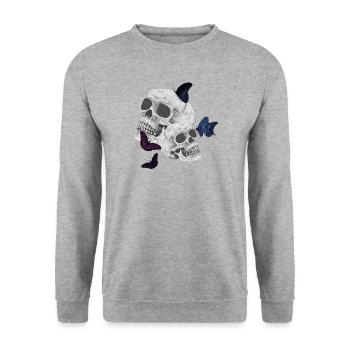 Menschenschädel und Schmetterlinge Tattoos - Unisex Pullover - Weißgrau meliert - Vorne - Alina (178cm) & Michal (187cm)