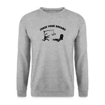 Chase Your Dreams – Geldköder-Satire - Unisex Pullover - Weißgrau meliert - Vorne - Alina (178cm) & Michal (187cm)