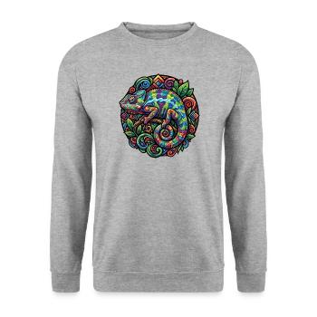 Buntes Chamäleon gut getarnt Blätter Kreis Motiv - Unisex Pullover - Weißgrau meliert - Vorne - Alina (178cm) & Michal (187cm)