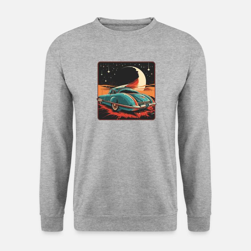 Retro-futuristisches blaues Auto an einer stilisierten Nacht - Unisex Pullover - Weißgrau meliert