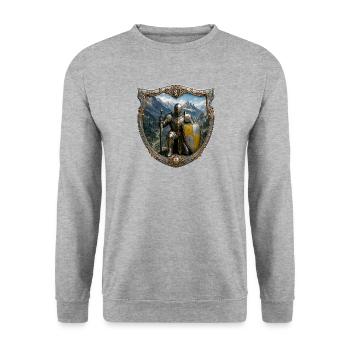 Ein Ritter vor dem Hintergrund seines Königreichs - Unisex Pullover - Weißgrau meliert - Vorne - Alina (178cm) & Michal (187cm)