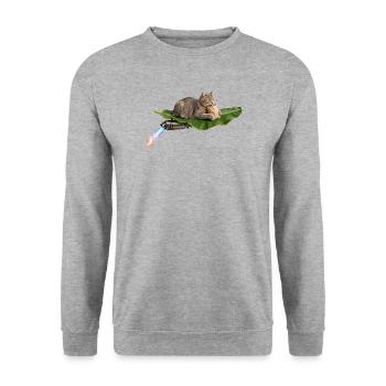 Lustige Katze reitet auf fliegendem Bananenblatt mit Turbo Exh - Unisex Pullover - Weißgrau meliert - Vorne - Alina (178cm) & Michal (187cm)