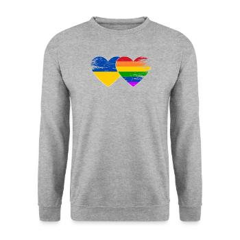 Ukraine Regenbogen Flagge Herz used - Unisex Pullover - Weißgrau meliert - Vorne - Alina (178cm) & Michal (187cm)