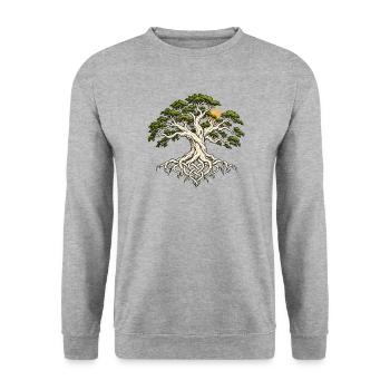 Yggdrasil Lebensbaum mit Wurzelknoten und Sonne - Unisex Pullover - Weißgrau meliert - Vorne - Alina (178cm) & Michal (187cm)