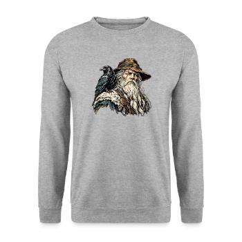 Odin mit Rabe – Nordischer Allvater - Unisex Pullover - Weißgrau meliert - Vorne - Alina (178cm) & Michal (187cm)