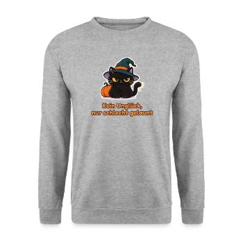 Kein Unglück, nur schlecht gelaunt – Katze - Unisex Pullover - Weißgrau meliert - Vorne - Alina (178cm) & Michal (187cm)