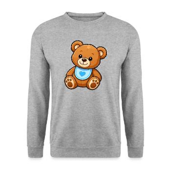 Herzblatt Teddy Plüschmotiv - Unisex Pullover - Weißgrau meliert - Vorne - Alina (178cm) & Michal (187cm)