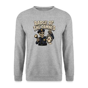 Abzeichen der Verdammten – Lustige Halloween-Polizei - Unisex Pullover - Weißgrau meliert - Vorne - Alina (178cm) & Michal (187cm)