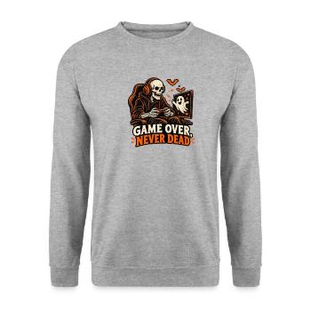 Spiel vorbei: Nie tot. - Unisex Pullover - Weißgrau meliert - Vorne - Alina (178cm) & Michal (187cm)