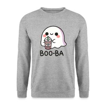 Boba Tee Geist Kawaii Halloween - Unisex Pullover - Weißgrau meliert - Vorne - Alina (178cm) & Michal (187cm)