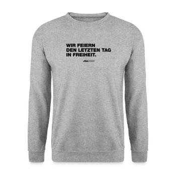 JGA: Letzter Tag in Freiheit (Jungesellenabschied) - Unisex Pullover - Weißgrau meliert - Vorne - Alina (178cm) & Michal (187cm)