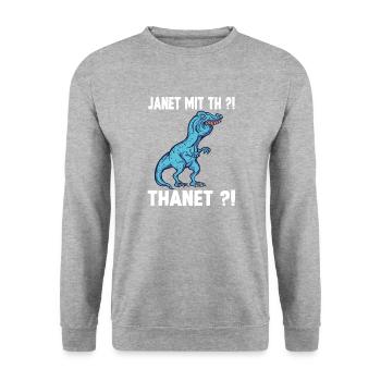 Janet oder Janeth T-Rex Überbiss Dinosaurier Meme - Unisex Pullover - Weißgrau meliert - Vorne - Alina (178cm) & Michal (187cm)