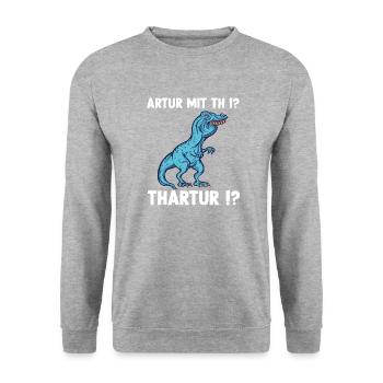 TRex Meme Dinosaurier mit Überbiss Arthur mit th - Unisex Pullover - Weißgrau meliert - Vorne - Alina (178cm) & Michal (187cm)