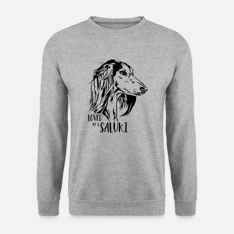 Loved by a SALUKI Hundespruch Windhund Wilsigns - Unisex Pullover - Weißgrau meliert