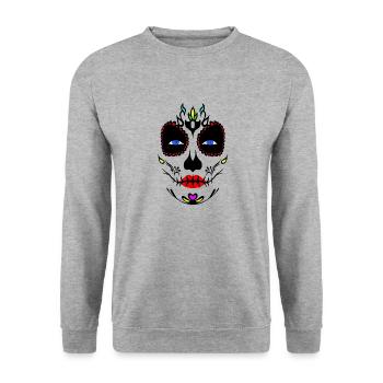 Mexikanische Totenmaske La Catrina, Santa Muerte - Unisex Pullover - Weißgrau meliert - Vorne - Alina (178cm) & Michal (187cm)