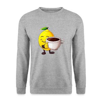 Zitrus-Kaffeezeit: Kawaii Zitrone genießt den - Unisex Pullover - Weißgrau meliert - Vorne - Alina (178cm) & Michal (187cm)