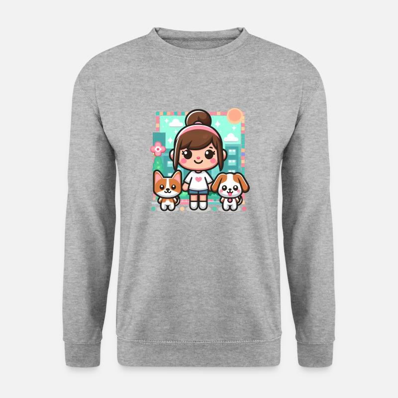 Niedliches Toca-Mädchen - Spielfigur mit Katze und Hund - Unisex Pullover - Weißgrau meliert