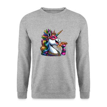Mardi Gras Einhorn Pizza Eleganz - Unisex Pullover - Weißgrau meliert - Vorne - Alina (178cm) & Michal (187cm)